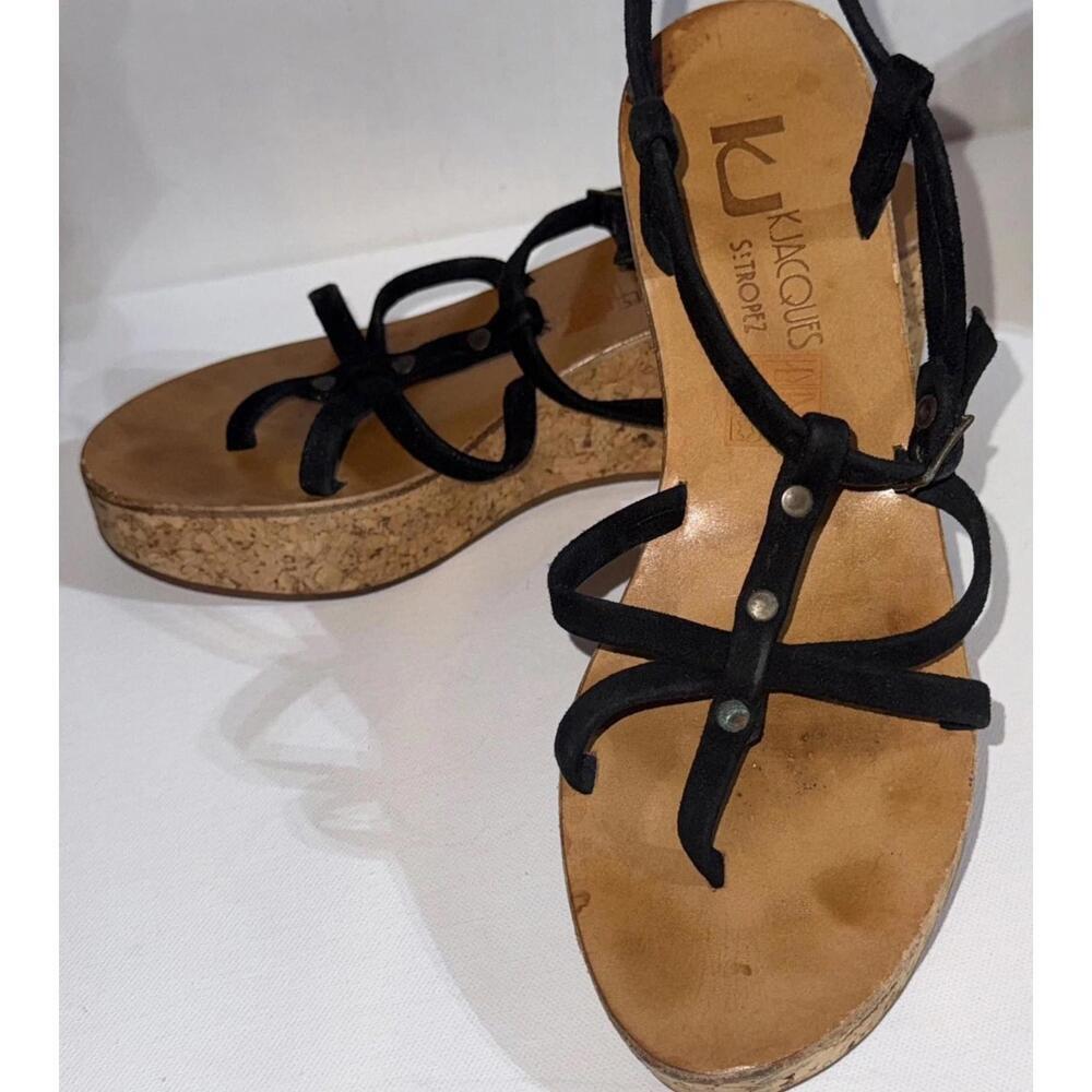 K Jacques St. Tropez Boho Wood Clog Leather Strap Wedge Sandals‎ Brown 7.5-8 39